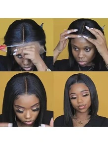 黑色自然色混合头发由人类混合头发与合成纤维和蛋白质长丝混合而成 13*4 前蕾丝假发，带鲍勃头围绕婴儿头发，6-16 英寸 180% 密度自然发际线 预熨、预剪、预拉、透明蕾丝适合所有人，不易打结 日常聚会，使用混合头发由人类混合头发与合成纤维和蛋白质长丝混合而成 - 自然色&黑色系 - 查看 7