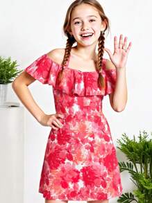 Summer Tween Girls Dress, Sweet Vacation Style, Colorful Floral Print Off Shoulder Strap With Ruffle - Multicolor - View 4