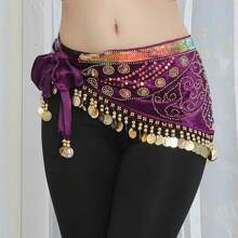 1pc Velvet Coin Belly Dance Skirt Belt, Semi-Circle Sequins Skirt, Gold Coin Fashionable Dance Waist Accessory, Dance Supplies - Multicolor - View 12