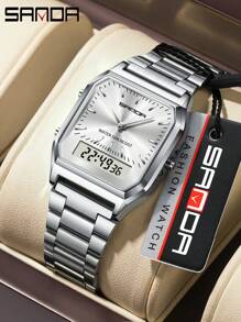 SANDA. SANDA Men's Fashion Watches Business Style Alarm Clock Steel Band Watch Square Dial