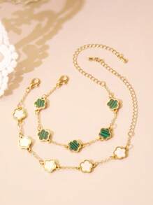 2pcs Women's Lucky Clover Ankle Chain, Delicate, Unique, High-End Feel, Gold-Tone, Fashionable And Minimalist Summer Jewelry - Green+White - View 2