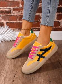 Damen Lässig Outdoor Sportschuhe, flacher, niedriger Absatz, modische Farbblockung, Athletische Sneakers - Gelb - Übersicht 3