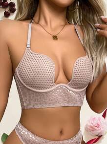 Lencería de novia ultradelgada para temporada festiva, lencería sexy con encaje en forma de U y espalda descubierta para mujeres, sujetador de espalda hermoso, sujetador invisible ultradelgado y transpirable, bralette de malla cómoda, ropa interior francesa con aros para mujer, lencería con estampado de leopardo y rayas