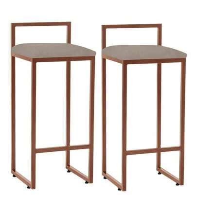 Kit 2 Banquetas Altas Industrial Em Aço Jade Cobre Assento Suede Bege