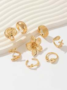 8pcs/Set Vacation Style Starfish & Scallop Open Ring Set, Smooth Metal Flower Rings, Suitable For Party, Gift, Daily Wear - Gold - View 5