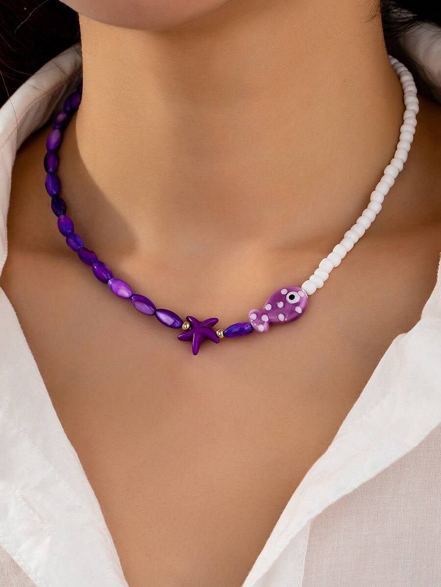 1 件手工波西米亚串珠鱼、海星拼色项链、波西米亚海滩度假风格女士珠宝 - 彩色 - 查看 1