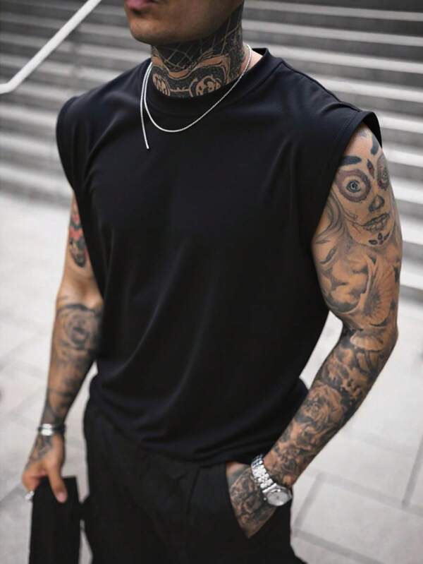 2025 New Men's Solid Color Round Neck Sleeveless Casual Hip-Hop Loose Fit Tank Top, Spring & Summer