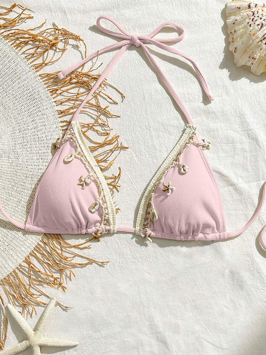 Bikinx Women's Summer Shell Woven Strap Triangle Bikini Top - Pink - View 1