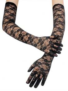 1pair Ladies' Sexy Lace Gloves, Vintage Mesh, Floral Wedding, Half Finger Black And White Lace Gloves, Valentine's Day, Music Festival, Party, Halloween - Multicolor - View 11