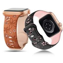 2 piezas Correa para reloj compatible con Apple Watch de 41mm, 40mm, 44mm, 45mm, 42mm, 38mm, 49mm (2024) y 46mm para mujer, con grabado de flores de dos tonos, correa de silicona suave estilo flores, regalo sorpresa para el Día de San Valentín o el Día de la Madre.