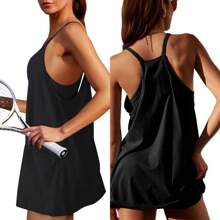 Tanming Women's Womens Athletic Sleeveless Mini Dress With Built-In Shorts V Neck Spaghetti Strap Short Tennis Dress With Pockets - 橘色 - 查看 6