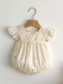 Summer Baby Girls Embroidered Floral Romper With Flutter Sleeves - Apricot - View 4