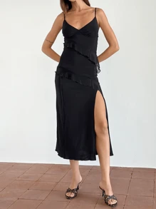 WOWDARK Women's Autumn Ruffle Patchwork Spaghetti Strap Dress - Black - View 7