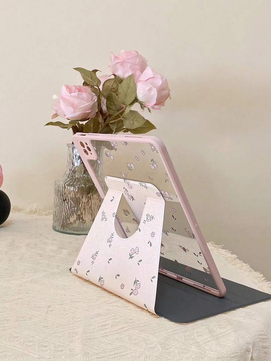 1 件可爱粉色 Ditsy 花卉双面全印花亚克力透明水晶透明保护壳 720 度旋转带笔槽，兼容 iPad 和平板电脑等 - 支持睡眠/唤醒功能 - 彩色 - 查看 1