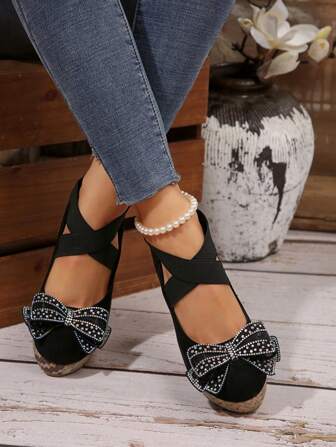 2025 New Fashionable Casual Closed-Toe Solid Color Bow Criss-Cross Platform Thick Heel Women Pumps