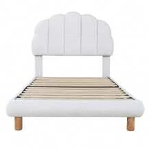 90 X 200 Cm Single Bed, Youth Bed, Upholstered Bed, With Height-Adjustable Headboard, Wooden Slatted Frame, Round Wool Fabric, White - 米色 - 查看 8
