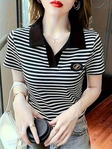 Camiseta de mujer de manga corta a rayas, nueva camisa polo de verano holgada y casual, camiseta slim, ropa deportiva