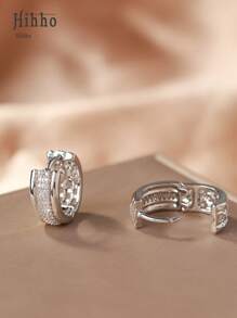 Hihho 1 Cặp bông tai tròn đính đá Zirconia trắng sáng bóng, thiết kế cổ điển hai hàng dành cho nữ, bông tai thanh lịch kiểu Pháp thích hợp cho các buổi hẹn hò và làm quà tặng - Bạc - Xem 5