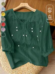 Damen Vintage Stickerei Loose Boho Bluse mit Halbarm, Frühling/Sommer - Dunkelgrün - Übersicht 3