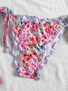 女士可爱花卉蕾丝褶皱比基尼两件套，适合夏季海岛度假游泳