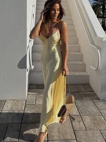 Vestido amarelo de verão para mulher, vestido longo elegante de noite em cetim, com alças finas, costas nuas, para convidada de casamento, madrinha, baile de finalistas e festa - Amarelo - Ver 6