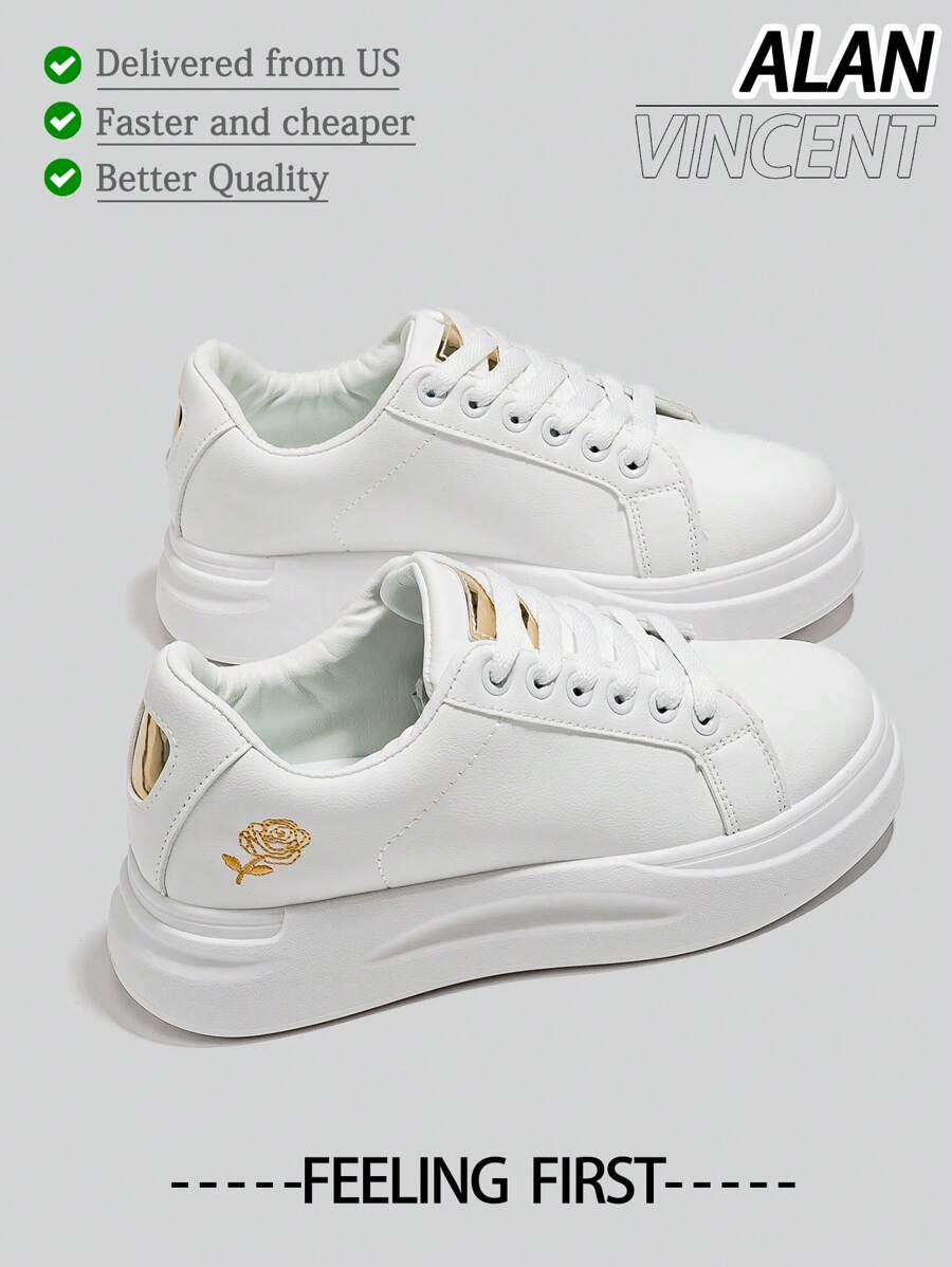 [快速发货]春季优雅唯美新款女式白色女鞋平底运动鞋玫瑰刺绣时尚舒适度假装女士鞋 - 白色 - 查看 1