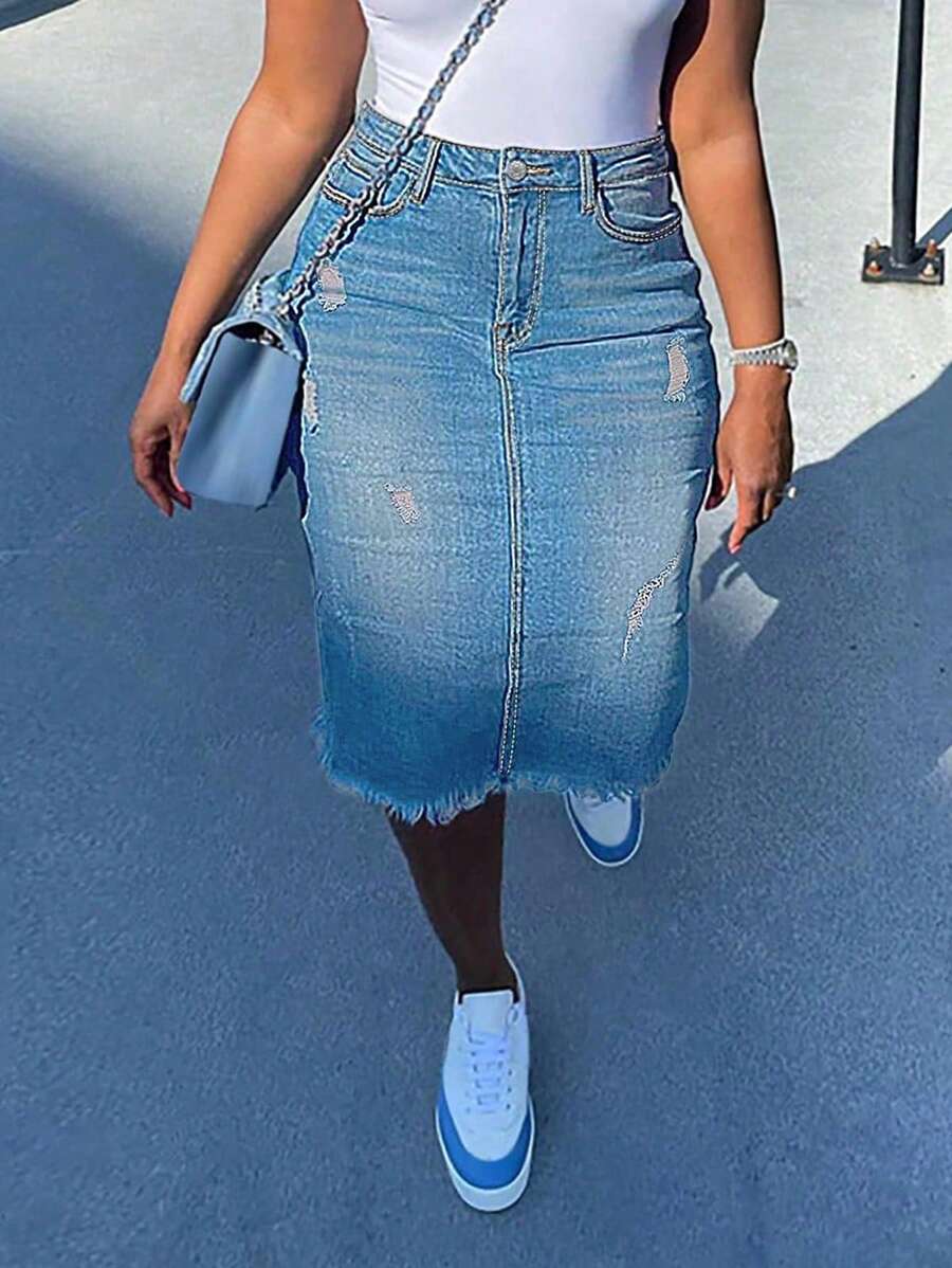 Women's Distressed Hem Pocket Sexy Denim Skirt - Light Wash - View 1