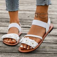 Women's Sandals, Flat, Open Toe Design For Formal And Casual Occasions, Comfortable With Elastic Ankle Strap, Decorated With Rhinestone Flower, Adding Fashionable Touch To Your Summer Wardrobe