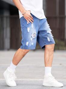 Teenage Boy Street-Style Ripped Light Blue Denim Casual Shorts - Blue - View 3