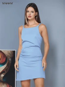 WUUW Women's Fashion Dress, Solid Color Cropped Short Skirt, New Top, Adjustable Party Midi Skirt - 淺藍色 - 查看 1
