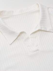 Camisa polo casual de oficina de punto acanalado y sencilla para hombre, Rayas de color sólido, adecuado para viajes de negocios, desplazamientos a la oficina y uso diario. - Blanco - Ver 5