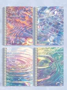 4 piezas Cuaderno encuadernado con espiral tamaño A5, cuaderno de notas con líneas gruesas, cuaderno fácil de arrancar, diario con patrón ondulado, libreta - Multicolor - Ver 5