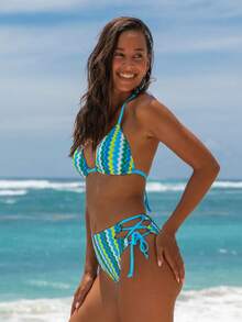 popvil Summer Vacation Halter Mesh Patchwork Mid-Rise Bikini Set - Cadet Blue - View 6