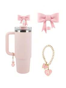 2pcs/Set: 1pc Silicone Bow Straw Topper & 1pc Letter Heart Bow Cup Tag, Fit For 40oz Cup, 10mm Straw Diameter, With Handle Glass Cup, Cute Pink Butterfly Decoration, Back To School Supplies