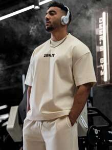 Men's Boyfriend Style Letter & Skull Print Round Neck Short Sleeve Sports T-Shirt, Fitness, Casual, Halloween Funny Skull Lifting Print - Apricot - View 5