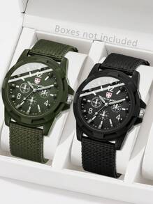 2pcs Men's Classic Canvas Strap Casual Sports Retro Simple Dial Quartz Watch For Daily Wear Or Holiday Gifts