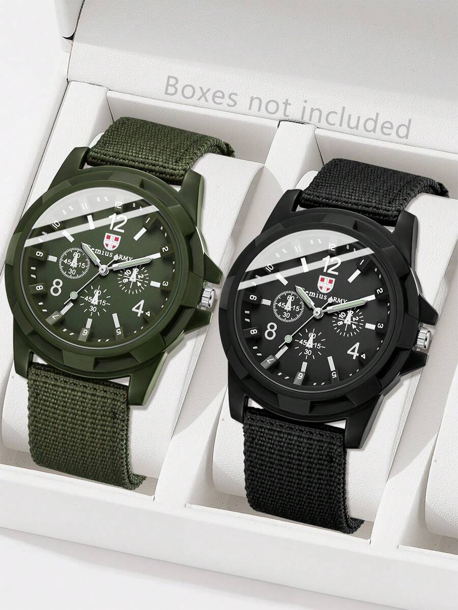 2pcs Men's Classic Canvas Strap Casual Sports Retro Simple Dial Quartz Watch For Daily Wear Or Holiday Gifts