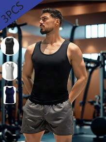 3-Pack Men's Boyfriend Style Breathable Mesh Sports Top, Wide Straps, Basic Running Fitness Outdoor Training Top, Quick Dry. Suitable As Gift For Boyfriend, Husband Or Father - Multicolor - View 4