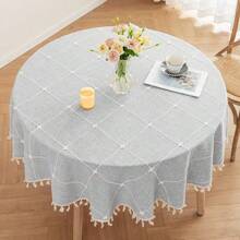 1pc Faux Linen Round Tablecloth, Dust-Proof & Wrinkle-Resistant Table Cover, Washable Tablecloth Suitable For Indoor & Outdoor, Farmhouse Decor, Picnic, Table Decoration, Khaki - Grey - View 7