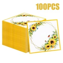 100/60/20pcs 13 * 13 Inch Disposable Party Floral Pattern Napkins With Yellow Border Butterfly Sunflower Pattern, Used For Birthday Parties, Family Gatherings, Wedding Banquets, Hotel And Restaurant Decoration Paper