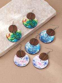 1 Pair Bohemian Style Colorful Wooden Beach Tree, Crescent Moon, Bow Knot & Flower Pendant Fashion Creative Drop Earrings