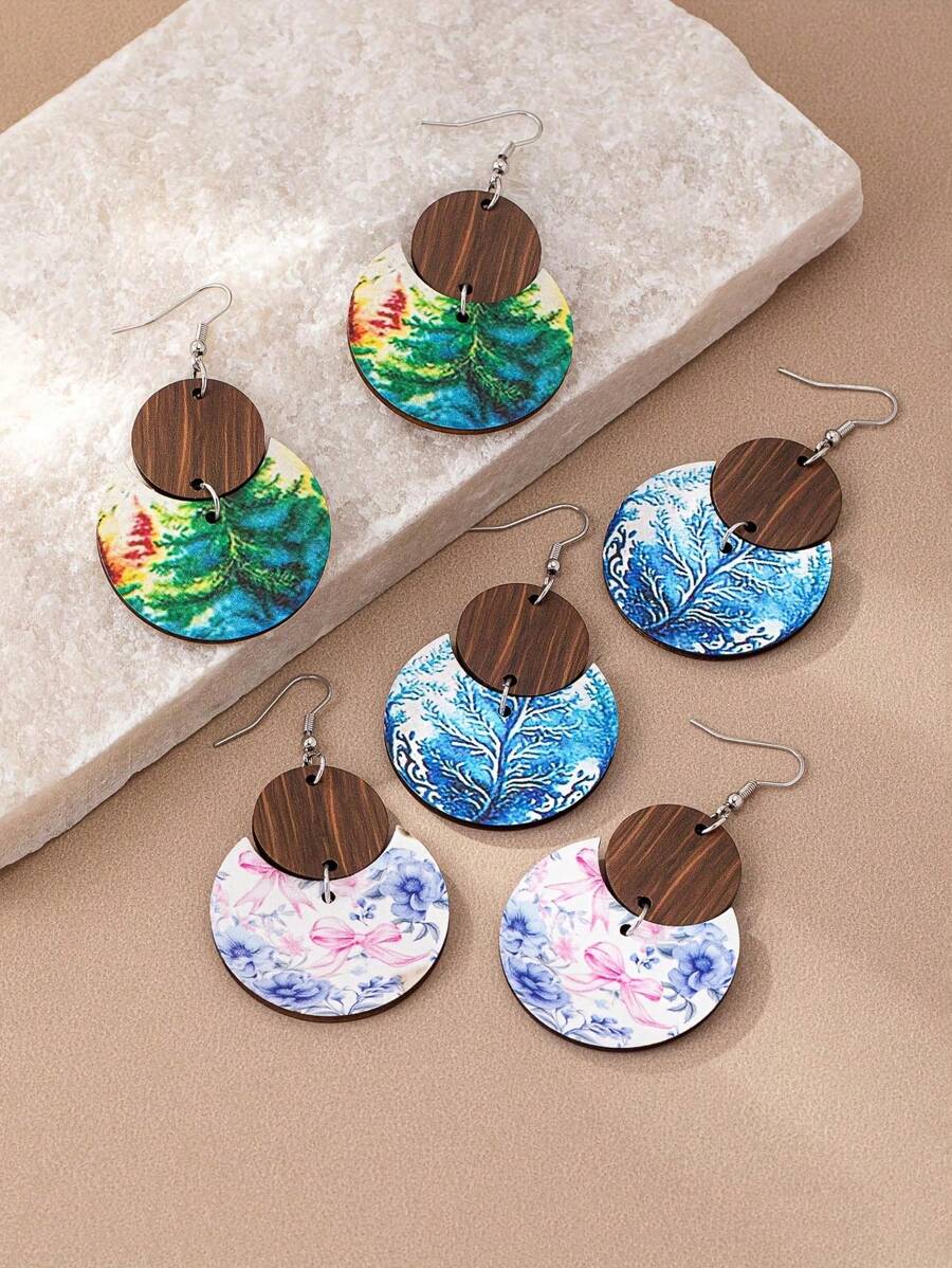 1 Pair Bohemian Style Colorful Wooden Beach Tree, Crescent Moon, Bow Knot & Flower Pendant Fashion Creative Drop Earrings