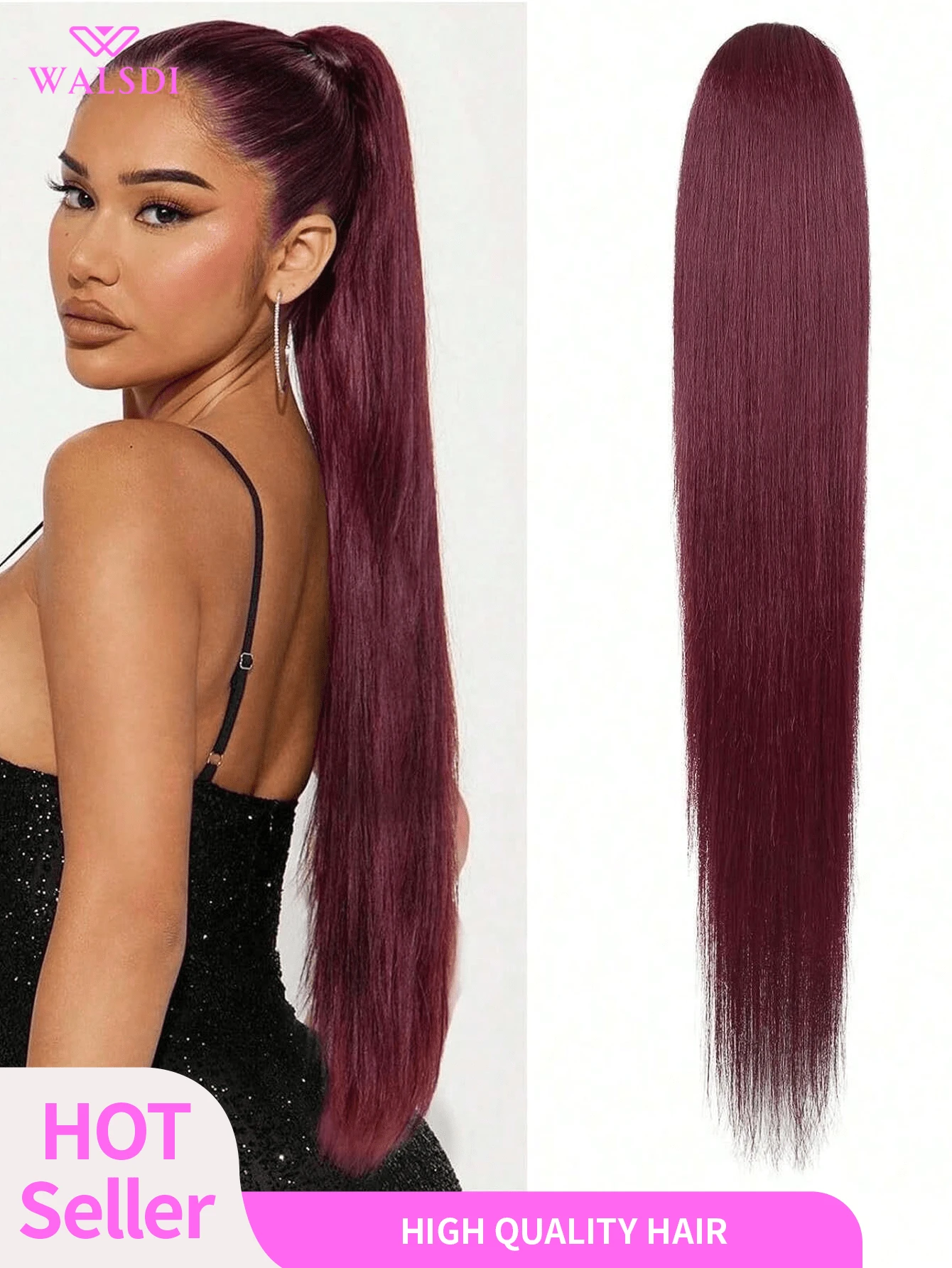 WALSDI Burgandy Ponytail Extensions Drawstring Long Straight Fake Pony Tail Natural Soft Clip In Hair Extension Synthetic Heat Resistant Hairpiece 32 Inch 165 Gram Black - Burgundy - View 1