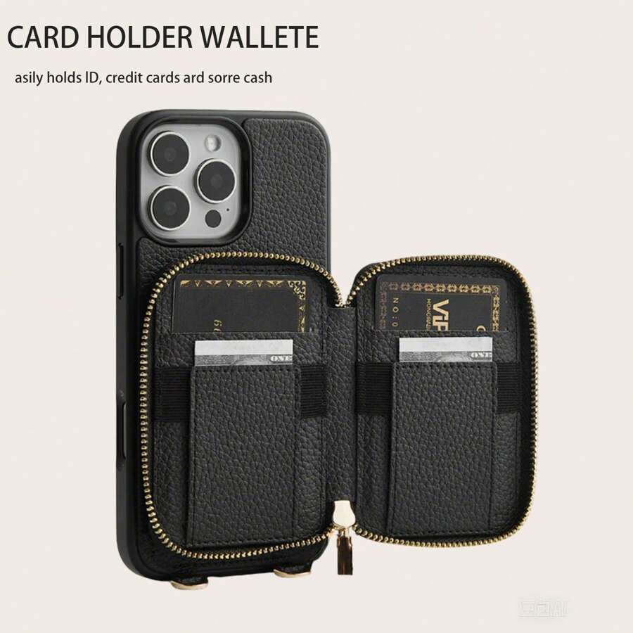 荔枝纹纯色 PU 皮革斜挎手机壳钱包多功能设计，防尘防震技术，兼容 16、15、14、13、12、11 Pro Max