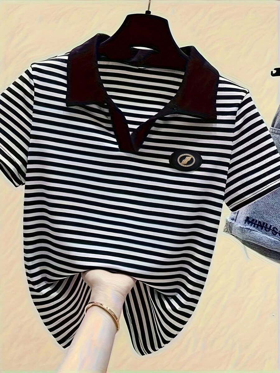 Camiseta de mujer de manga corta a rayas, nueva camisa polo de verano holgada y casual, camiseta slim, ropa deportiva
