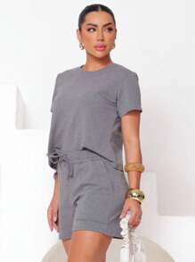 Women's Set In Fleece Fabric Comprising Shorts And Short Sleeve Cropped Top - 灰色 - 查看 4