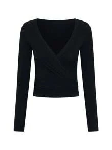Women Pilates Wrap Top Workout Ballet Self Tie Shirt Long Sleeve Cross Deep V Neck Yoga Blouse Slim Fit Crop Top For Dance Gym Home Daily Wear - 黑色 - 查看 3