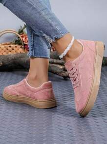 Women's Casual Slip-On Sneakers, Round Toe Lace-Up Flat Shoes, Rubber Sole Breathable Canvas Shoes, Lightweight Comfortable Walking Shoes, Plus Size - Red - Pink - View 5