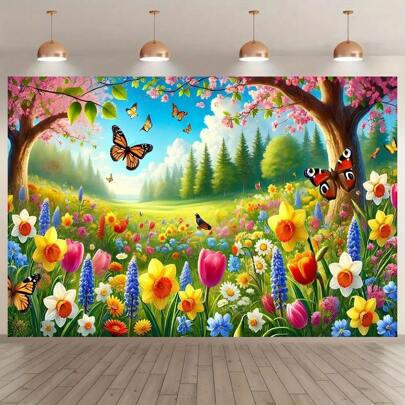 1 件充满活力的春季草坪派对背景横幅，涤纶材料，绿色植物和五颜六色的花朵主题，蝴蝶和鸟类，非常适合家庭和花园庆祝活动、工作室背景、户外活动、花园背景春季草坪主题、户外装饰、花园装饰、多种尺寸