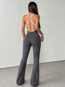 1pc Sleeveless Solid Color Thin Camisole Jumpsuit, Contrast Color Wide Leg Flare Design Casual Sexy Backless Romper